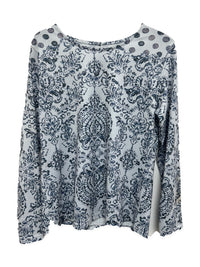Front view of AB03789 grey paisley and polka dot long sleeve top with a round neckline