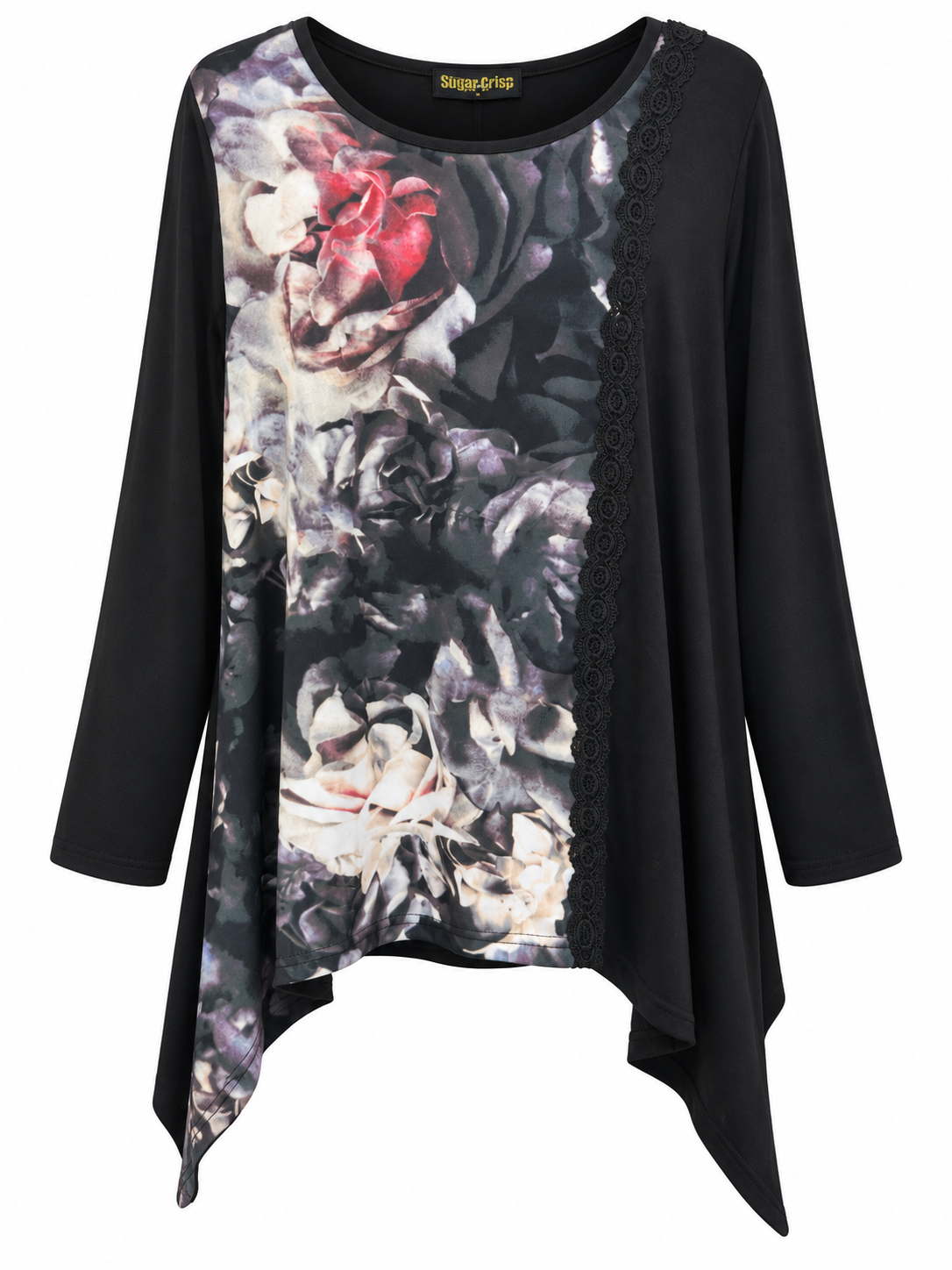 Front of Sugar Crisp black floral long-sleeve tunic with lace trim and pointed dip-side hem
