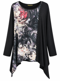 Front of Sugar Crisp black floral long-sleeve tunic with lace trim and pointed dip-side hem