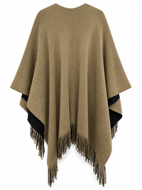 Back view of Sugar Crisp SCLW22845A camel and black reversible fringed knitted wrap