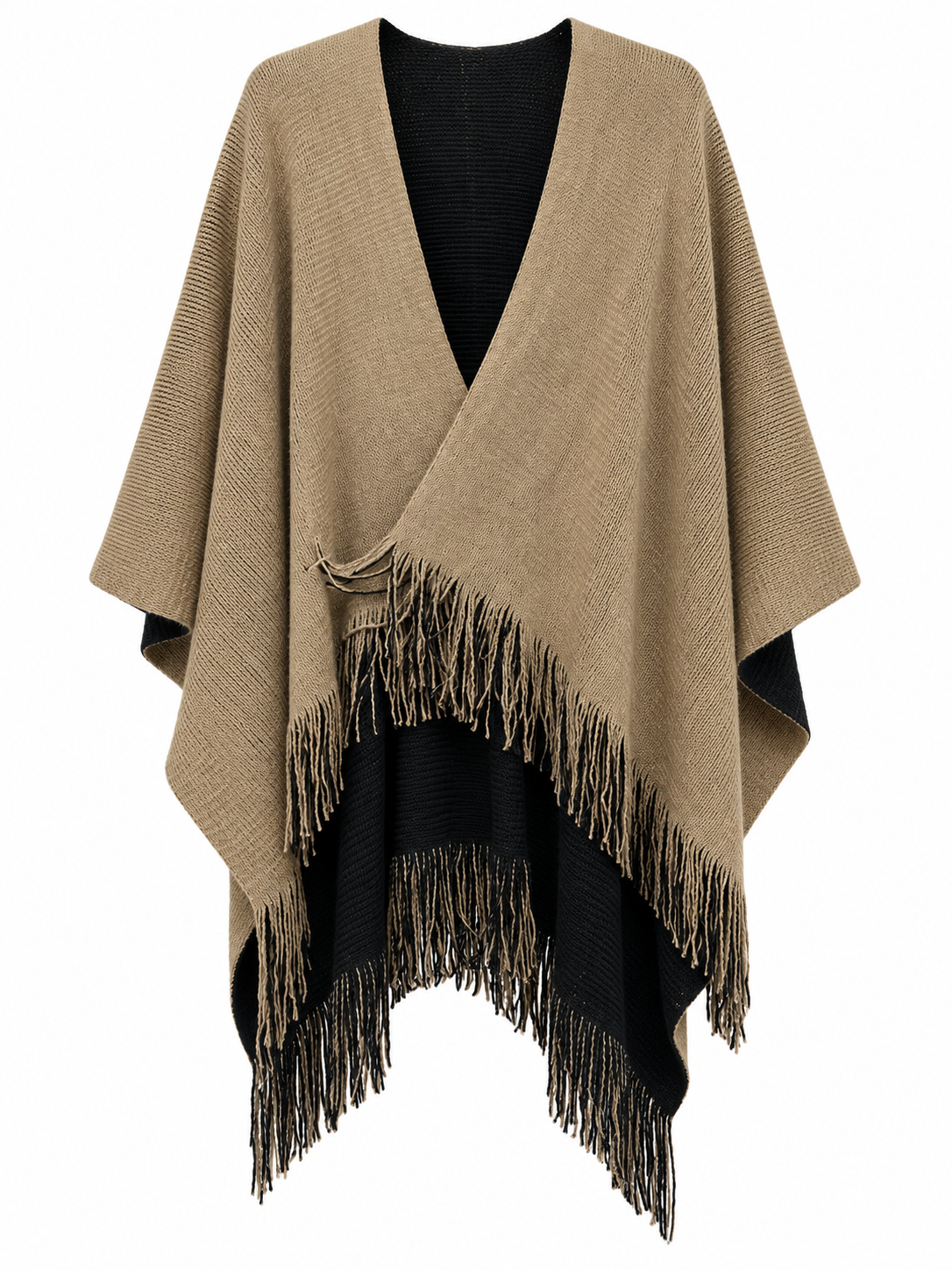Front view of Sugar Crisp SCLW22845A camel and black reversible knitted wrap with overlapping panels and fringe