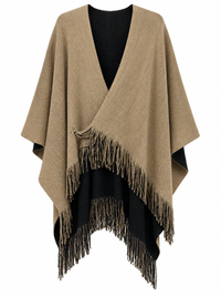 Front view of Sugar Crisp SCLW22845A camel and black reversible knitted wrap with overlapping panels and fringe