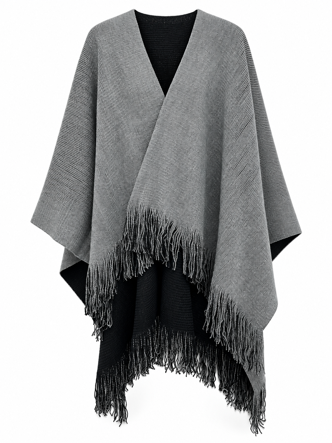 Front view of Sugar Crisp SCLW22845A grey and black reversible fringed knitted wrap