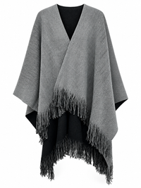 Front view of Sugar Crisp SCLW22845A grey and black reversible fringed knitted wrap