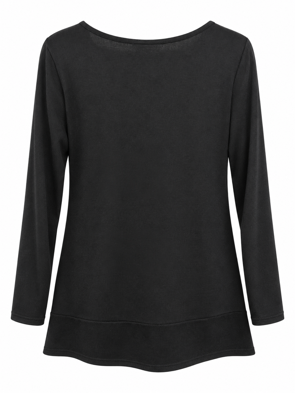 Back of Sugar Crisp SC02366 long sleeve tunic in plain black, with a round neckline and a broad black hem panel.