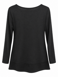 Back of Sugar Crisp SC02366 long sleeve tunic in plain black, with a round neckline and a broad black hem panel.