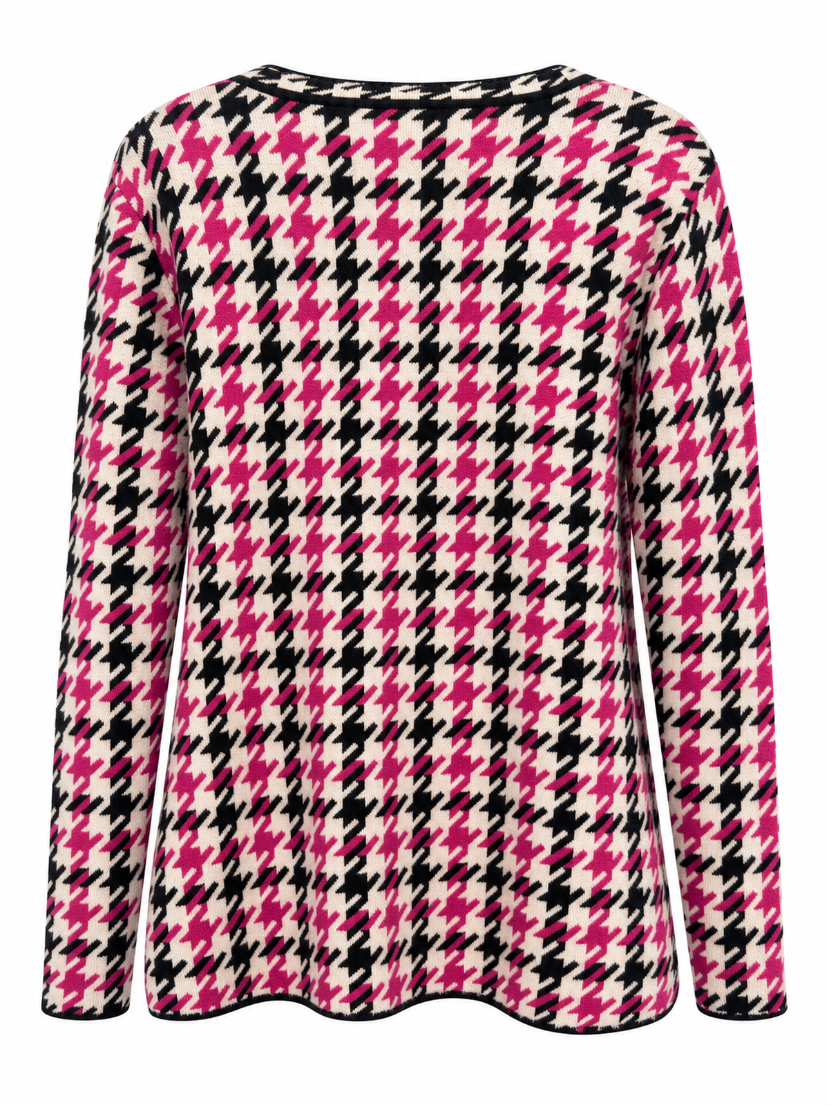 Back of Sugar Crisp SC15640 pink, black and ivory houndstooth long sleeve cardigan with a shallow round neckline and a softly curved black-edged hem.