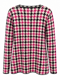 Back of Sugar Crisp SC15640 pink, black and ivory houndstooth long sleeve cardigan with a shallow round neckline and a softly curved black-edged hem.