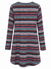 Back of Sugar Crisp VJLT15790 long sleeve tunic with irregular navy, grey, sage, pink and orange horizontal stripes and a curved hem.