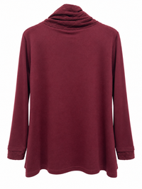 Back of Sugar Crisp SC03152 Wine long-sleeve tunic with a folded cowl collar, plain fabric and textured cuff ends.