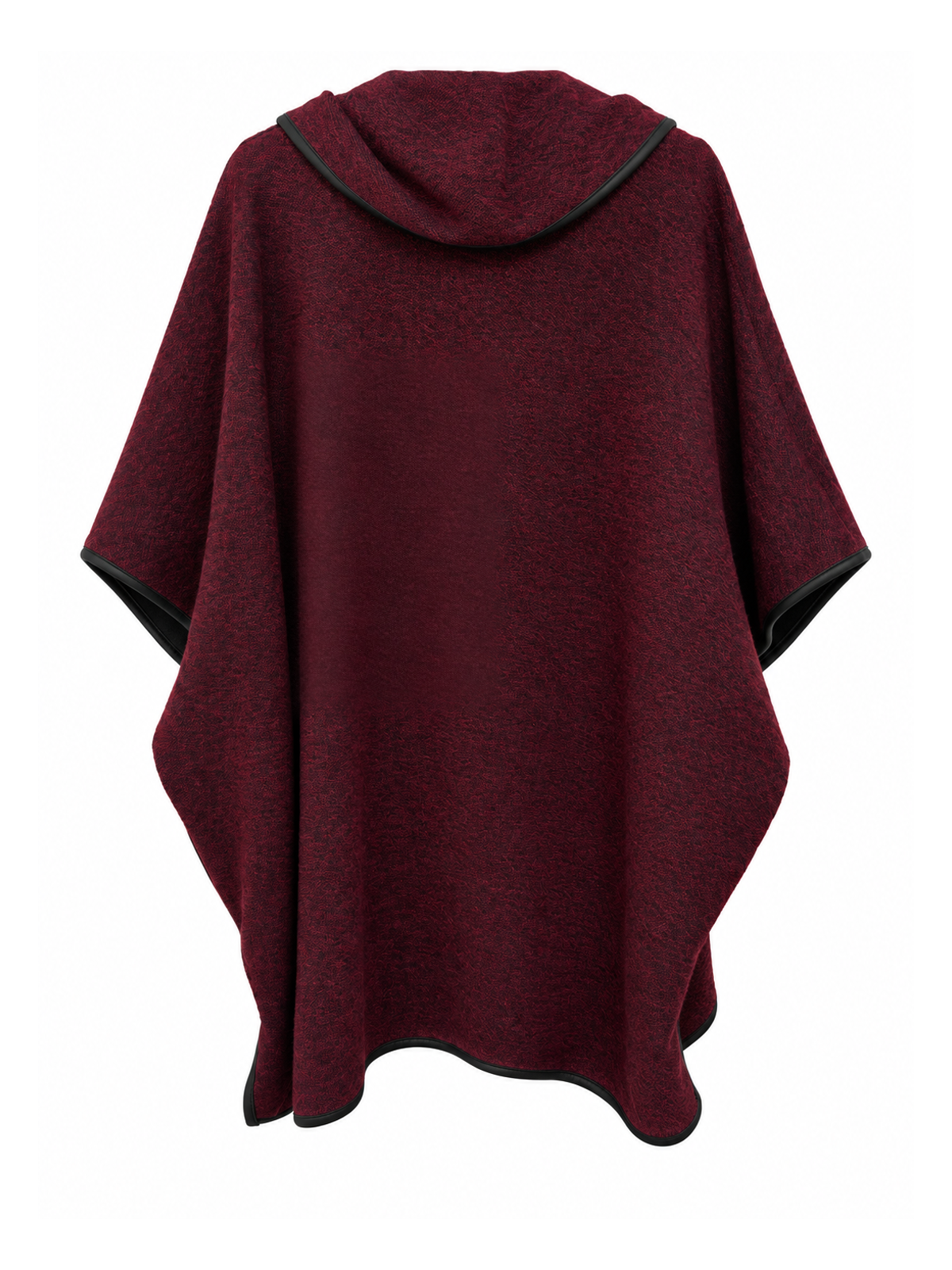 Back of Sugar Crisp SC02370 Wine marled cape with a folded shawl collar, draped sides and a black-bound curved hem.
