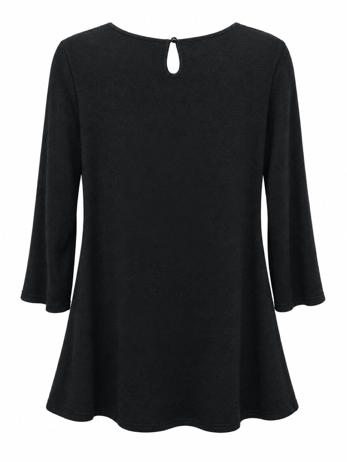 Back of black longline tunic with a button-fastened teardrop keyhole neckline