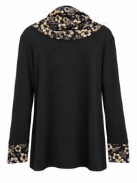 Back of black tunic with beige floral scarf detail and matching floral cuffs