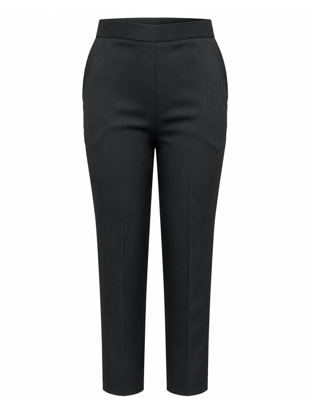 Front of black herringbone trousers with a flat waistband, pressed leg creases and gently tapered legs.