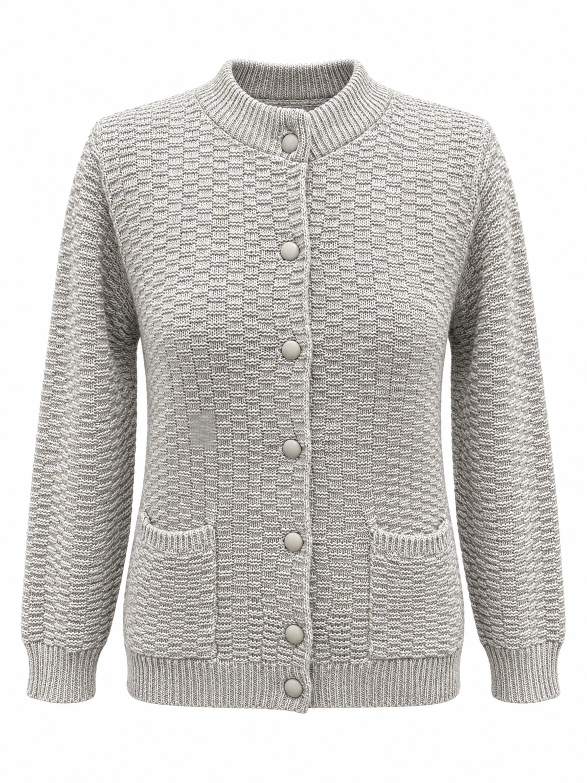 Front view of a grey marl round neck cardigan with textured rectangular knit, seven matching buttons, ribbed trims and two patch pockets on a white background.