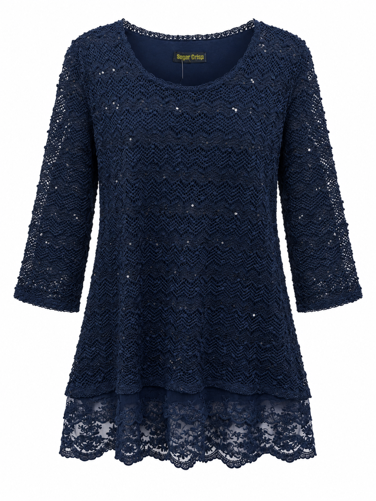 Front of Sugar Crisp navy chevron knit tunic with subtle sequins, three-quarter sleeves and a scalloped floral lace hem.