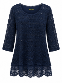 Front of Sugar Crisp navy chevron knit tunic with subtle sequins, three-quarter sleeves and a scalloped floral lace hem.