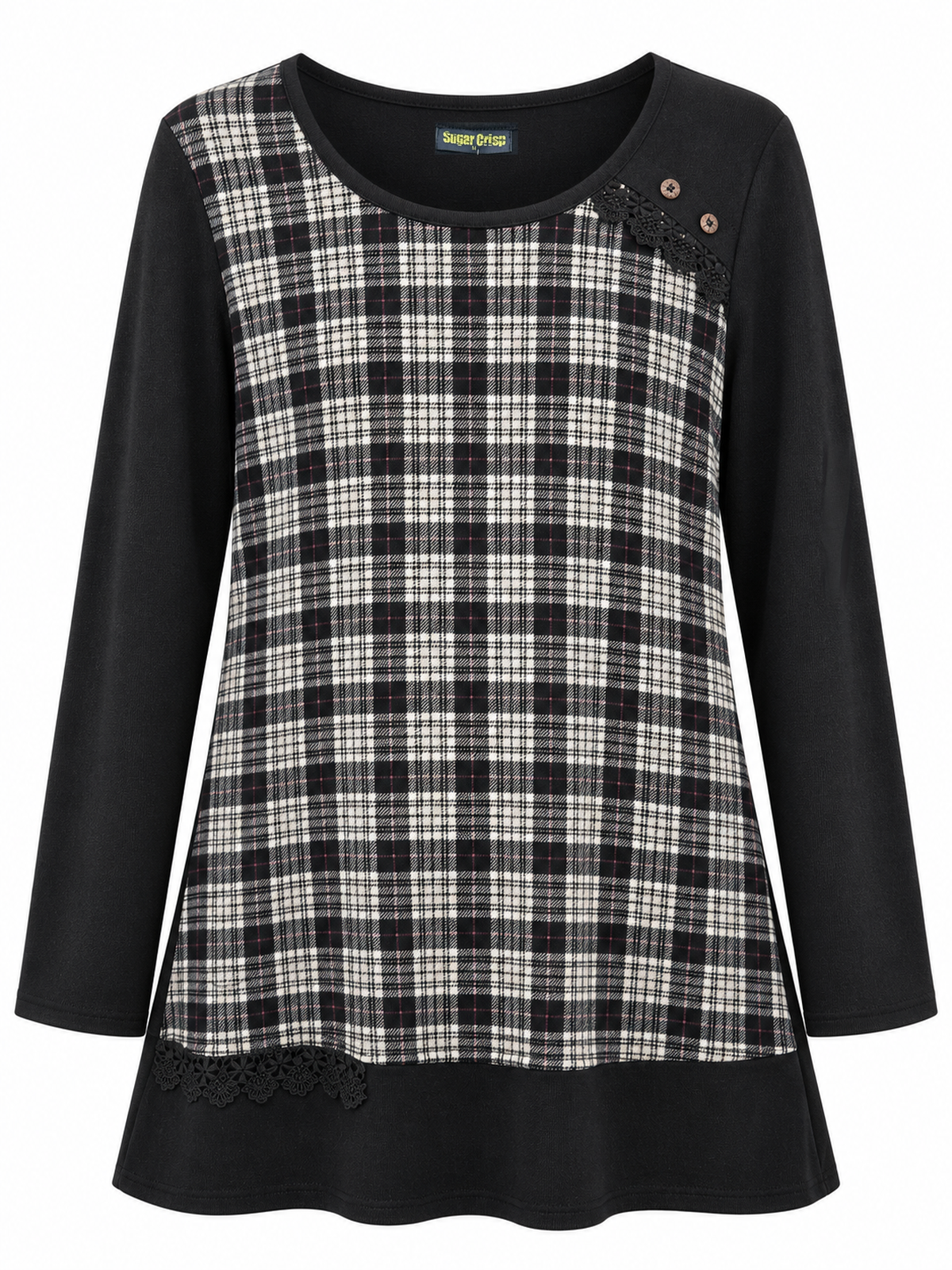 Front of Sugar Crisp SC02366 black and ivory check long sleeve tunic with two shoulder buttons, floral lace trim and a black hem panel.