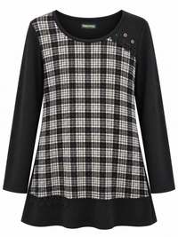 Front of Sugar Crisp SC02366 black and ivory check long sleeve tunic with two shoulder buttons, floral lace trim and a black hem panel.