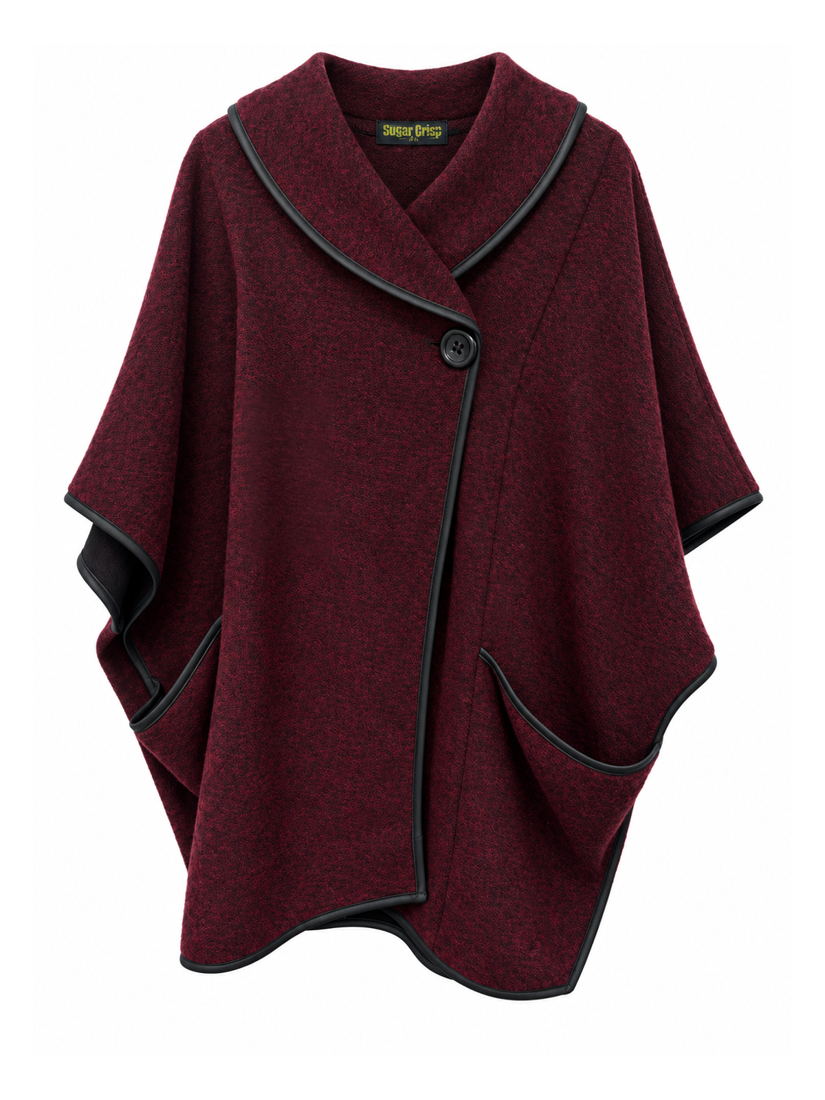 Front of Sugar Crisp SC02370 Wine marled cape with a broad shawl collar, black contrast trim, a single black button and two draped front pockets.