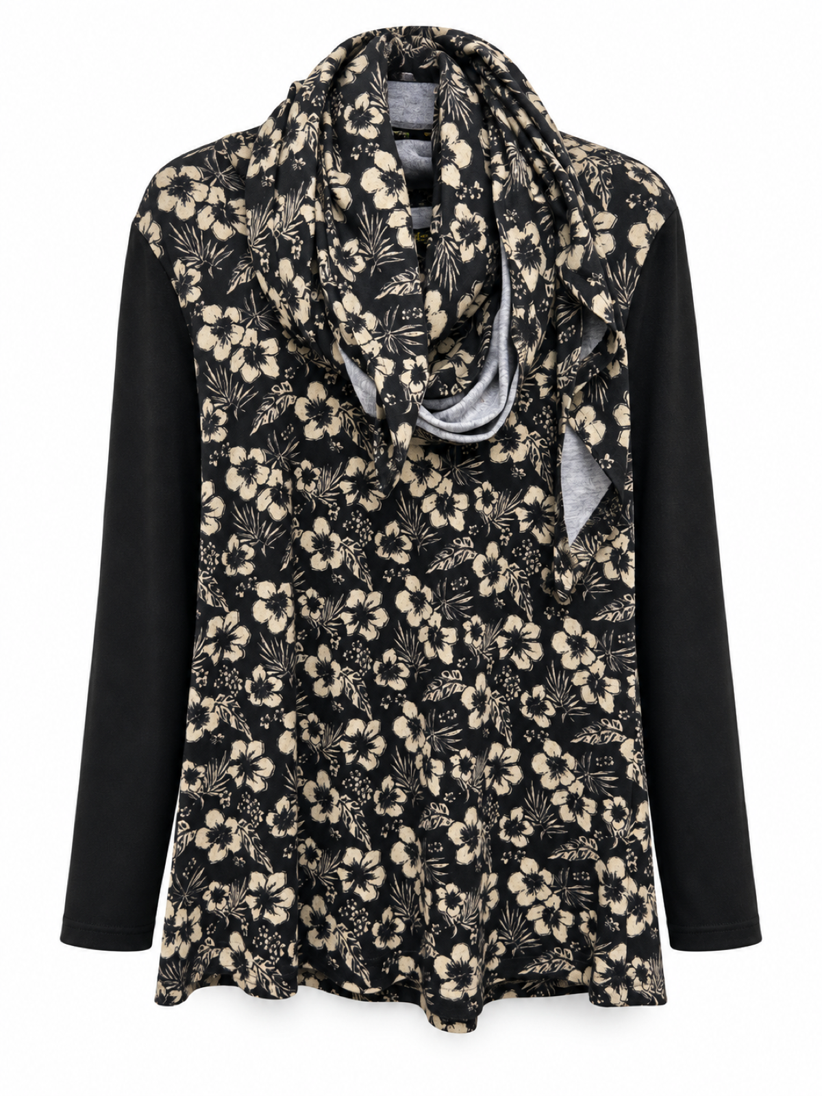 Front of black and beige floral tunic with matching draped scarf and long black sleeves
