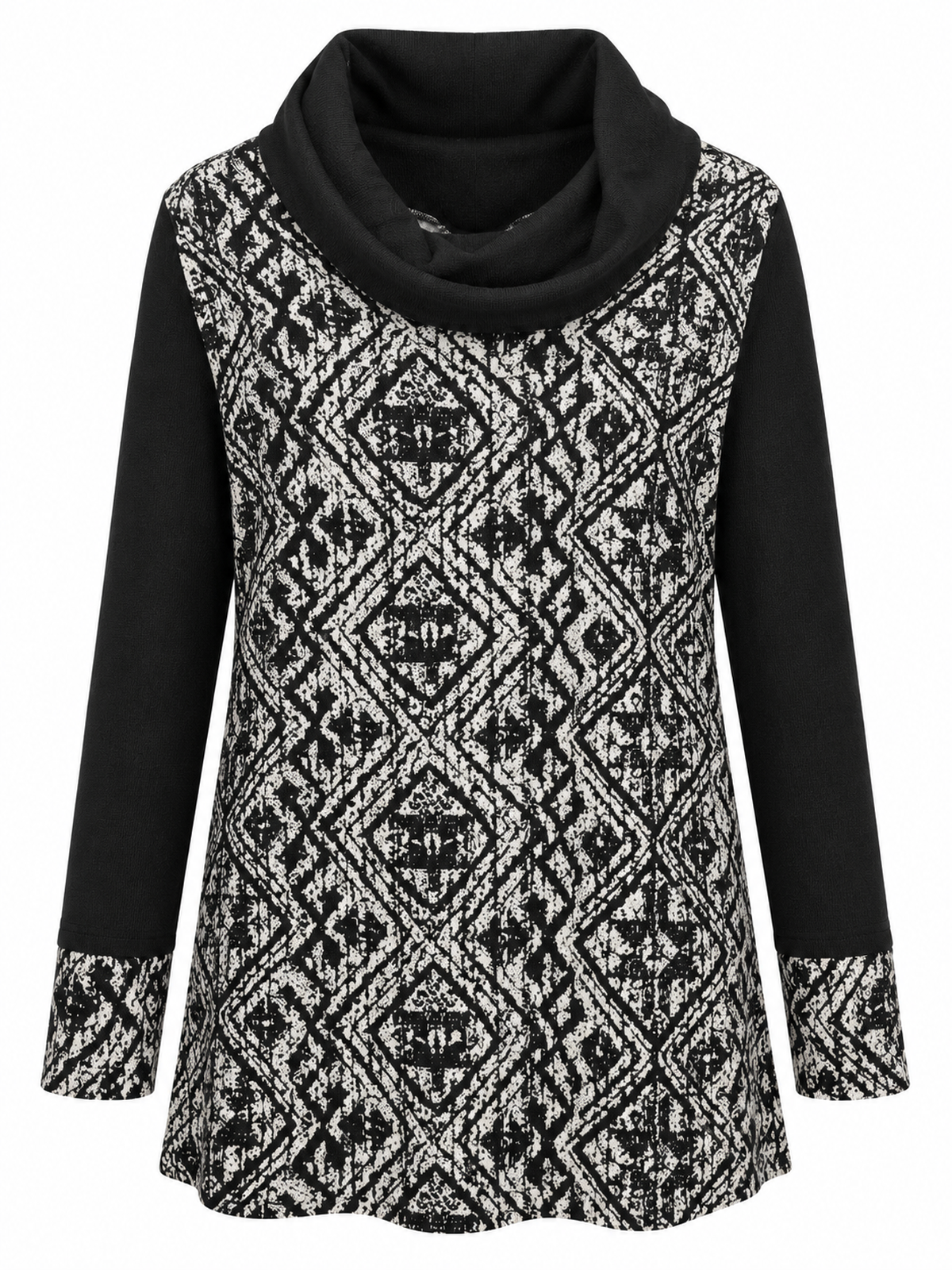 Front of black and white diamond print longline tunic with black cowl neck and long black sleeves