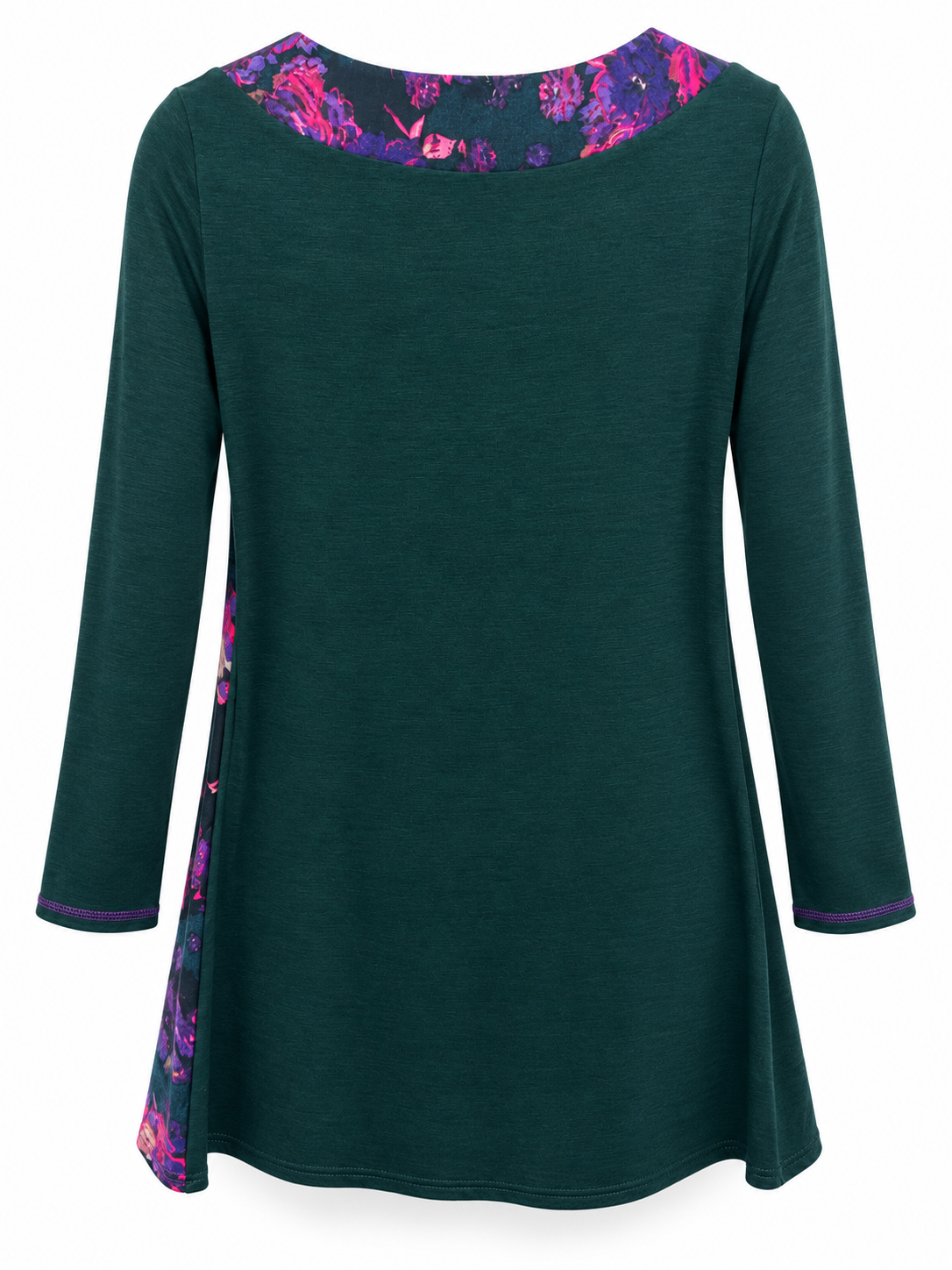 Back of Sugar Crisp plain teal long-sleeve tunic with a floral neckline inset and purple cuff stitching