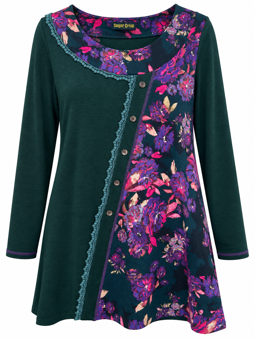 Front of Sugar Crisp teal floral long-sleeve tunic with curved lace trim, five diagonal buttons and an asymmetric hem