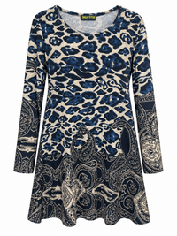 Front of Sugar Crisp SC02750 navy leopard print long sleeve tunic with a scoop neckline and an intricate paisley border across the lower body and sleeves.