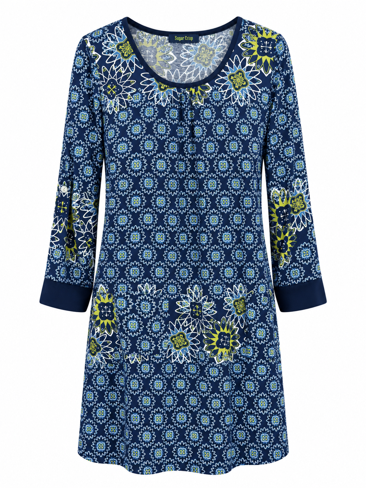 Front of Sugar Crisp SC03013 navy and lime floral print tunic with a gathered scoop neckline, roll-tab sleeves and plain navy cuffs.