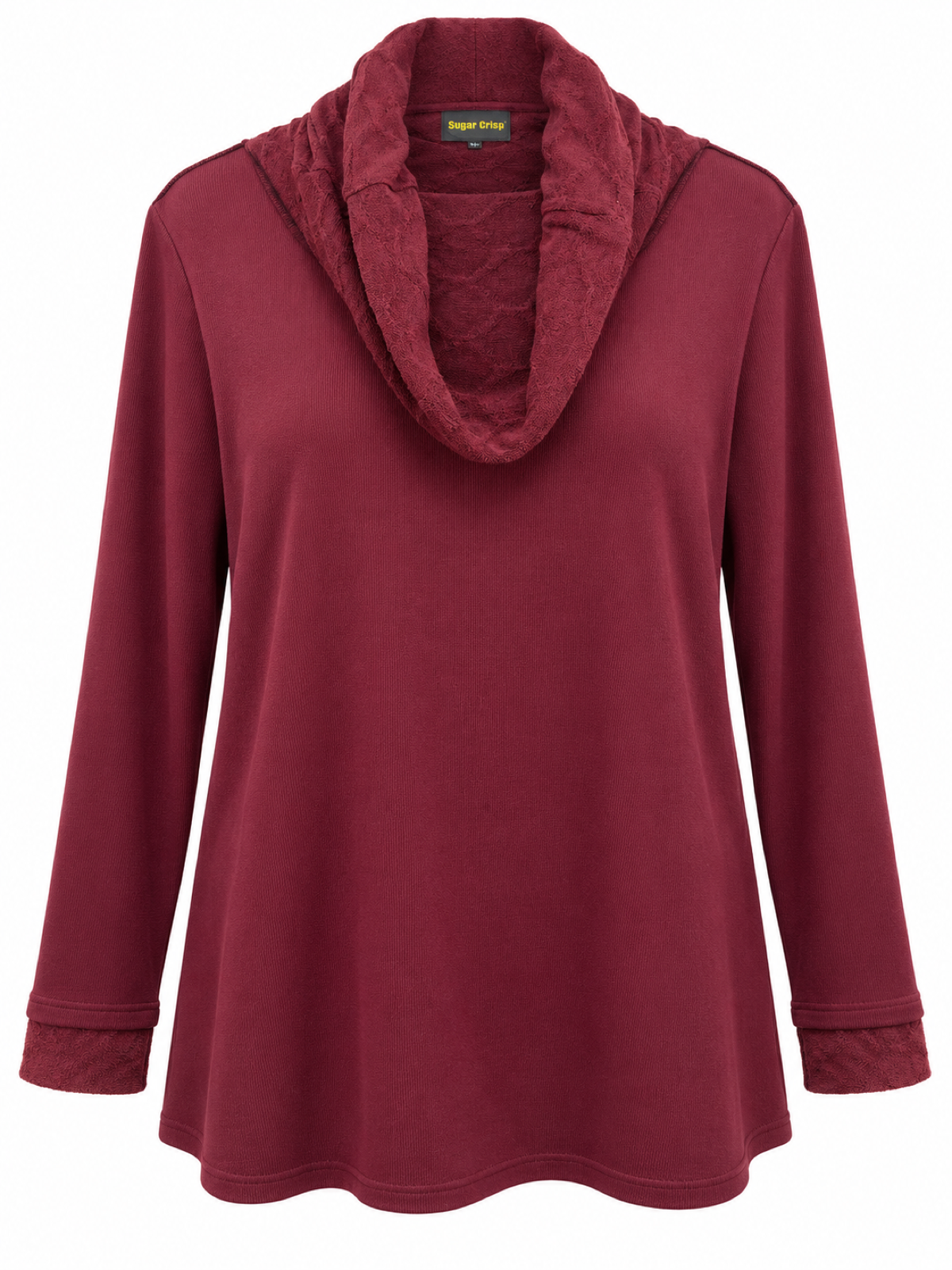 Front of Sugar Crisp SC03152 Wine long-sleeve tunic with a draped cowl neck, textured collar and cuffs, and a curved hem.