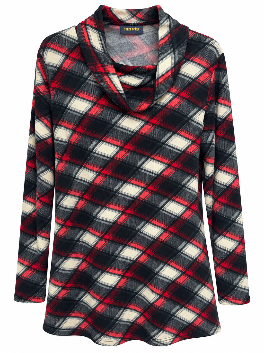 Front of Sugar Crisp red, black and cream diagonal check tunic with a draped cowl neckline and long sleeves