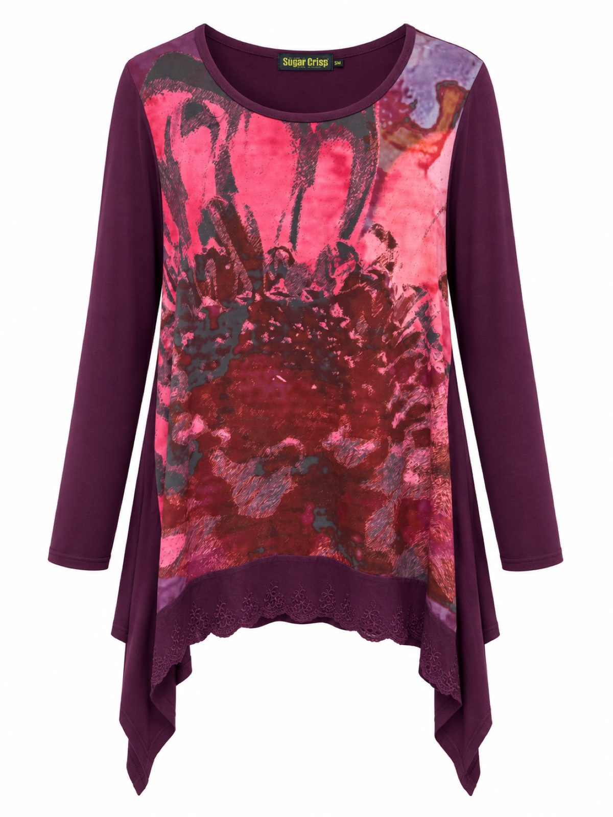 Front of Sugar Crisp SC10170 plum long-sleeve tunic with pink abstract floral print, scalloped lace trim and draped handkerchief sides.