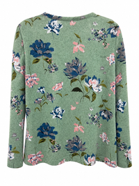 Back of Sugar Crisp green floral long-sleeve cardigan with navy, grey, white and pink botanical print