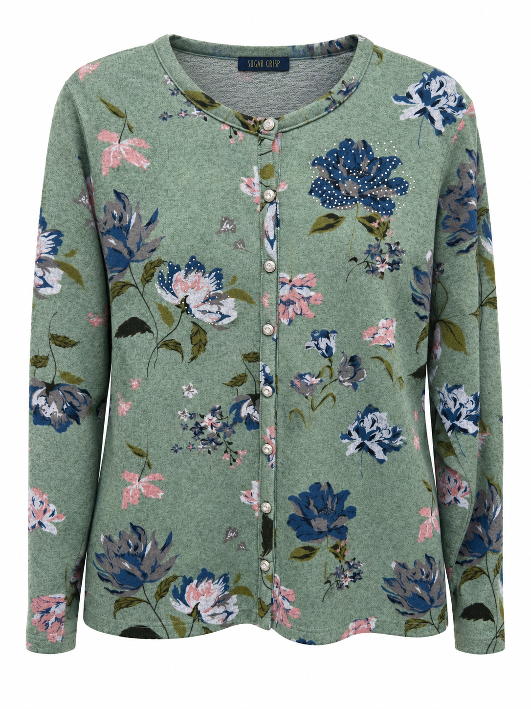 Front of Sugar Crisp green floral cardigan with diamante flower accents, round neckline and decorative silver-tone buttons
