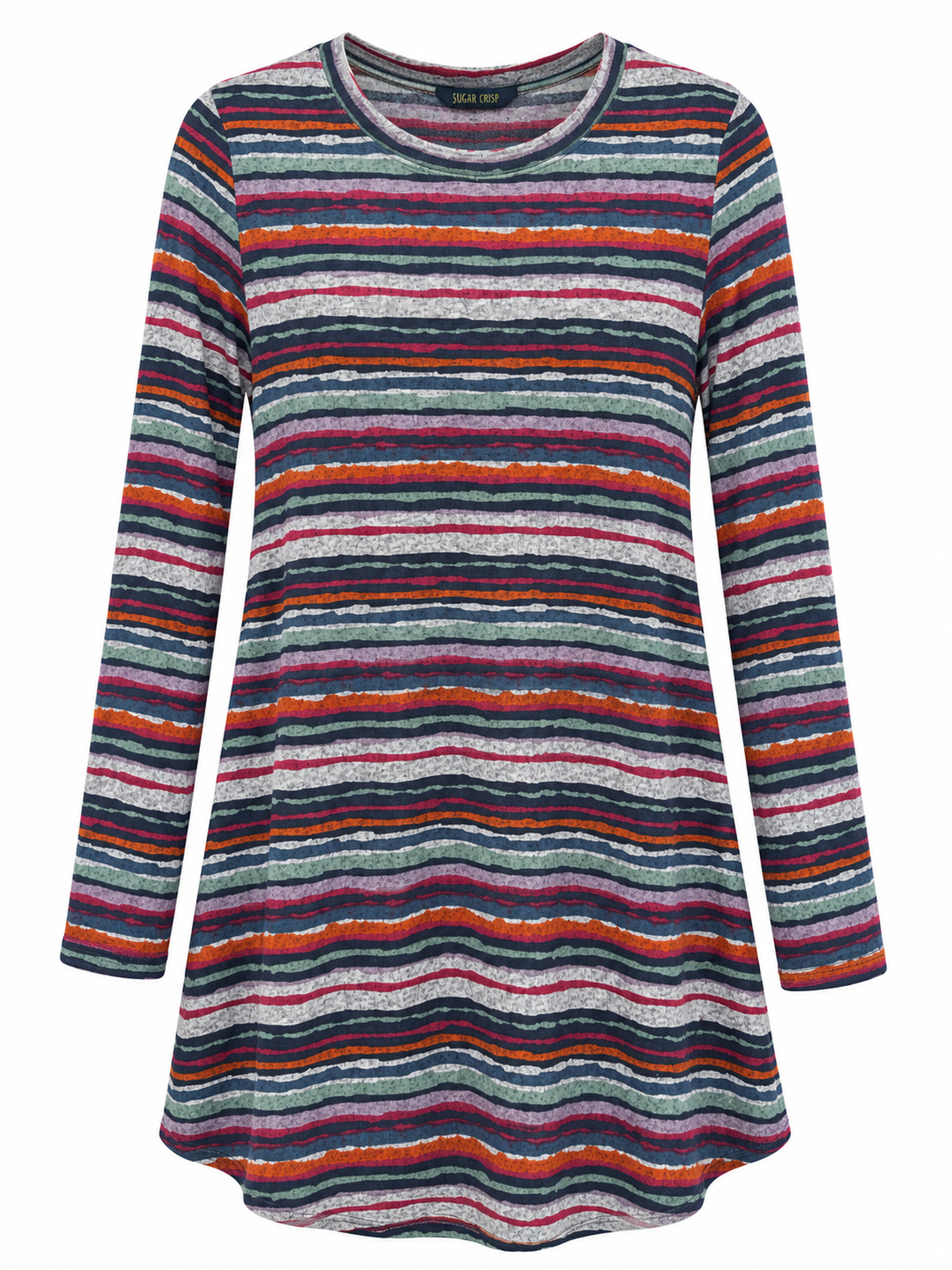 Front of Sugar Crisp VJLT15790 multicoloured irregular stripe tunic with a round neckline, long sleeves and a gently curved hem.