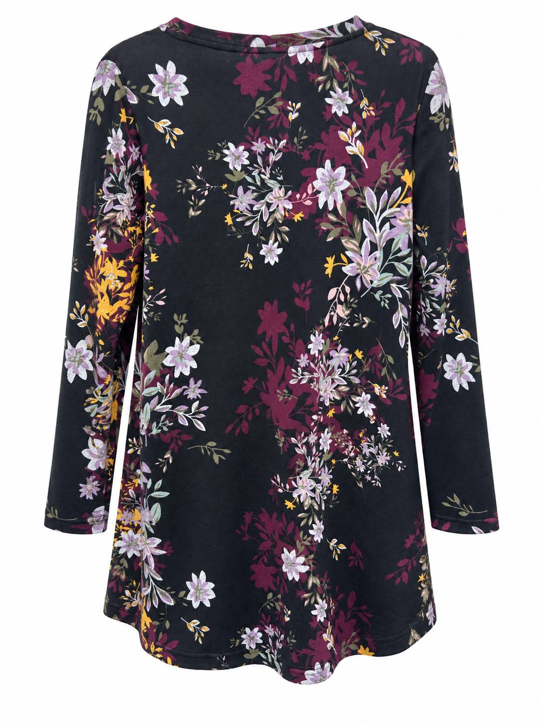 Back view of Sugar Crisp VJLT15876 black floral long sleeve tunic showing burgundy, lilac and mustard botanical print