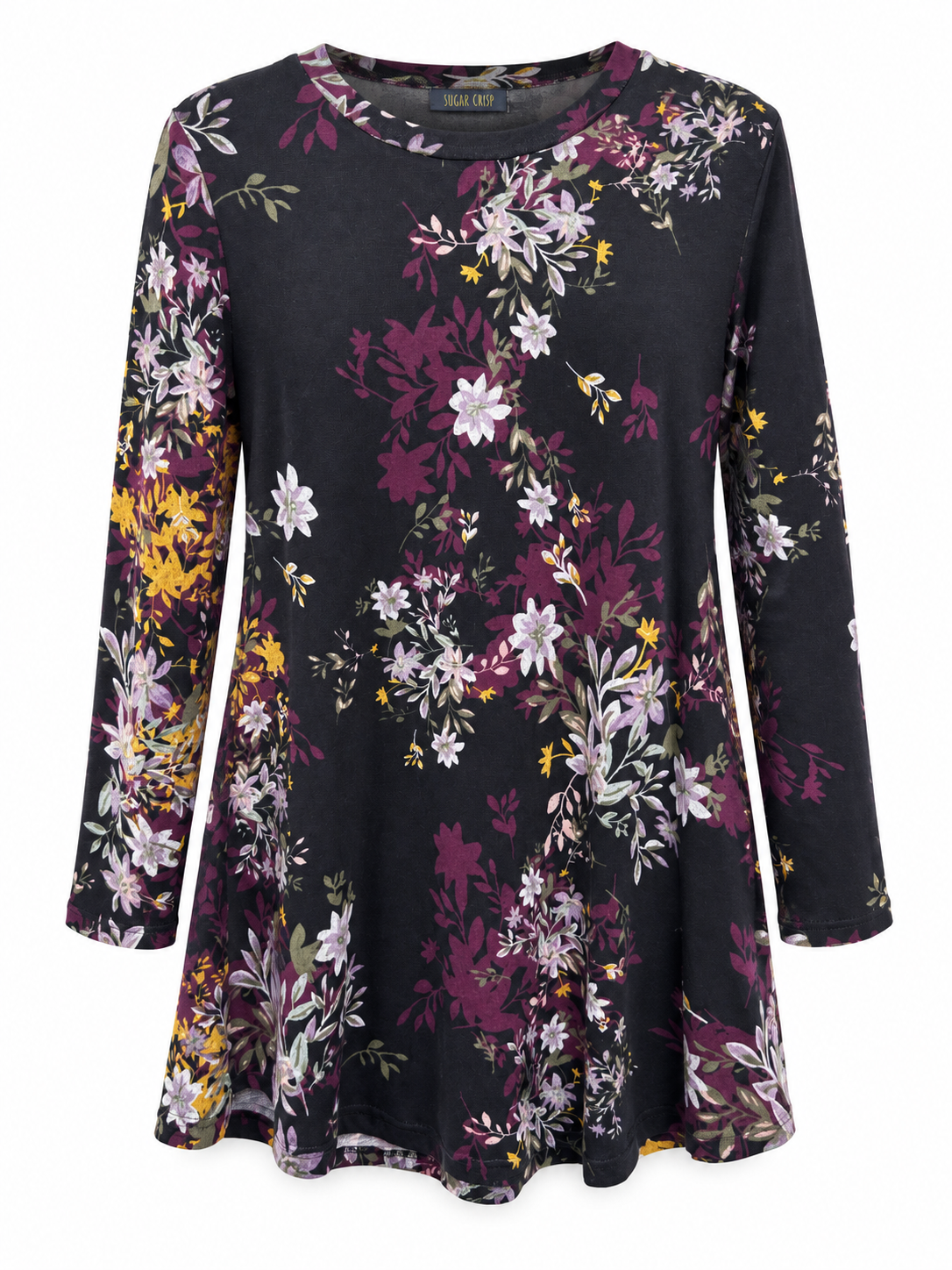 Front view of Sugar Crisp VJLT15876 black floral long sleeve tunic with round neckline on a white background