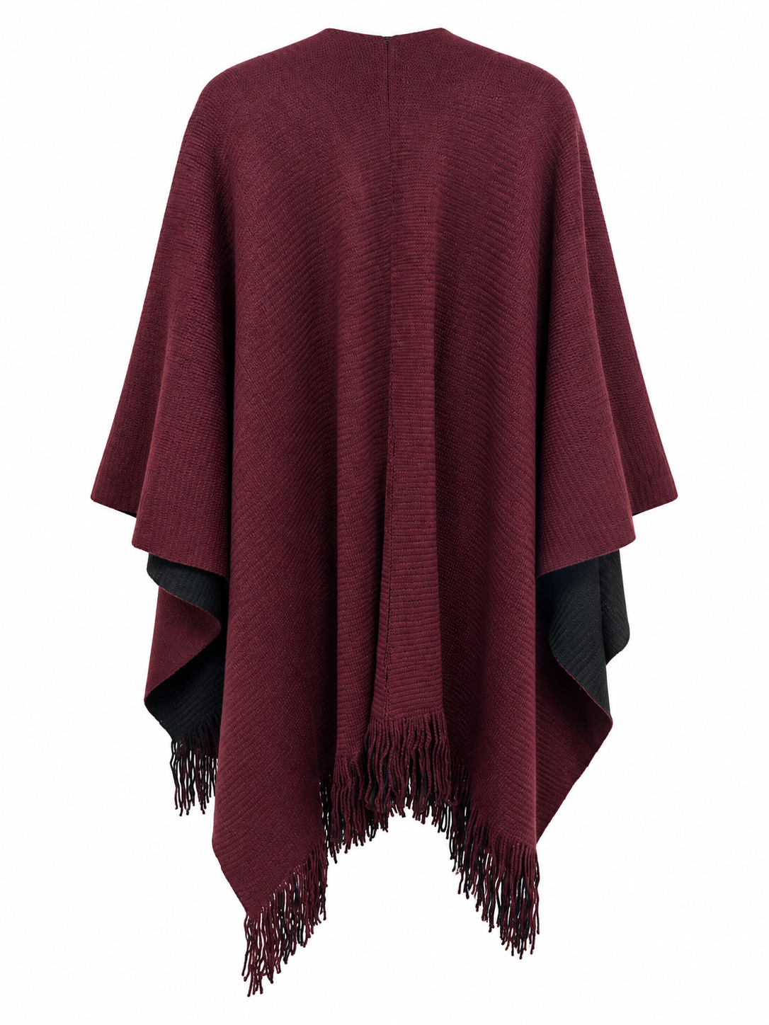 Back view of Sugar Crisp SCLW22845A wine and black reversible fringed knitted wrap