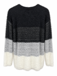 Back view of Sugar Crisp SC14534 Multi colour block long sleeve jumper with contrasting fluffy and open-knit sections