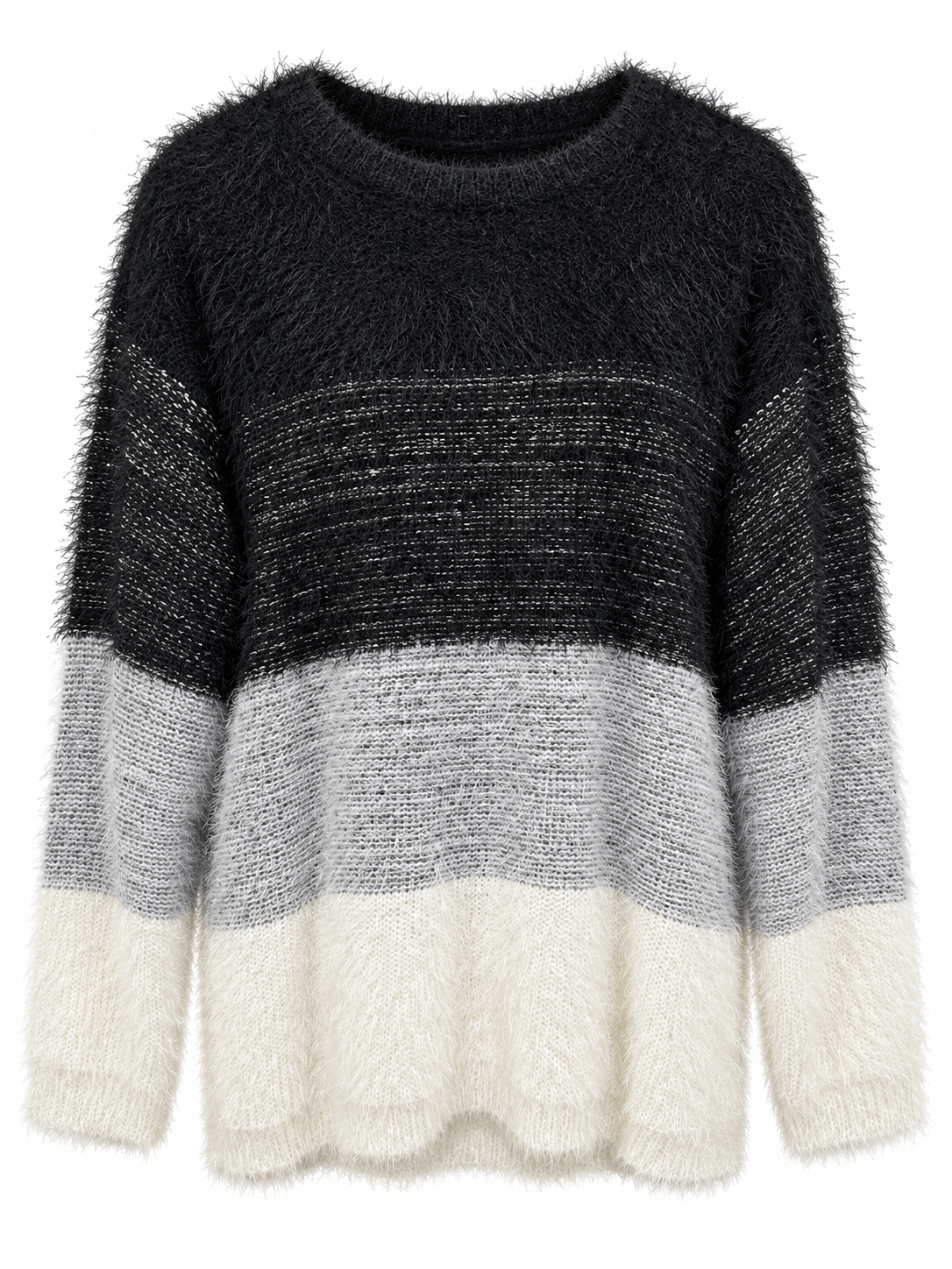 Front view of Sugar Crisp SC14534 Multi colour block jumper with black, grey and cream bands and fluffy textured knit