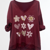 VJLIT1651 Foil Print Heart & Floral Relaxed Long Sleeve Top