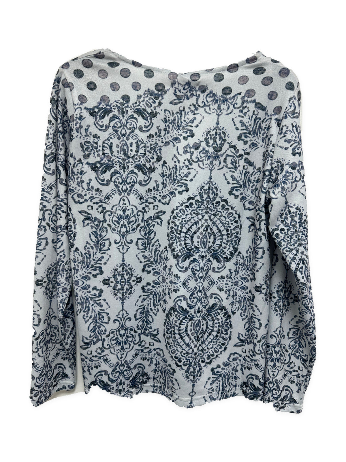 Back view of AB03789 grey paisley long sleeve top with polka dot detailing across the shoulders