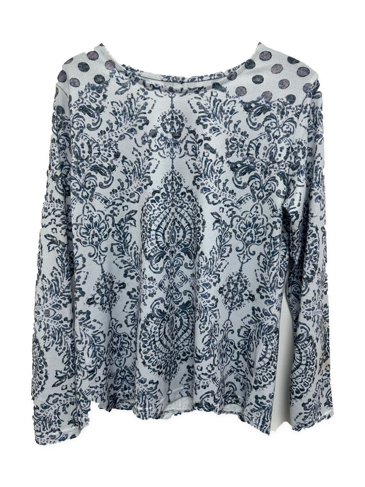 Front view of AB03789 grey paisley and polka dot long sleeve top with a round neckline