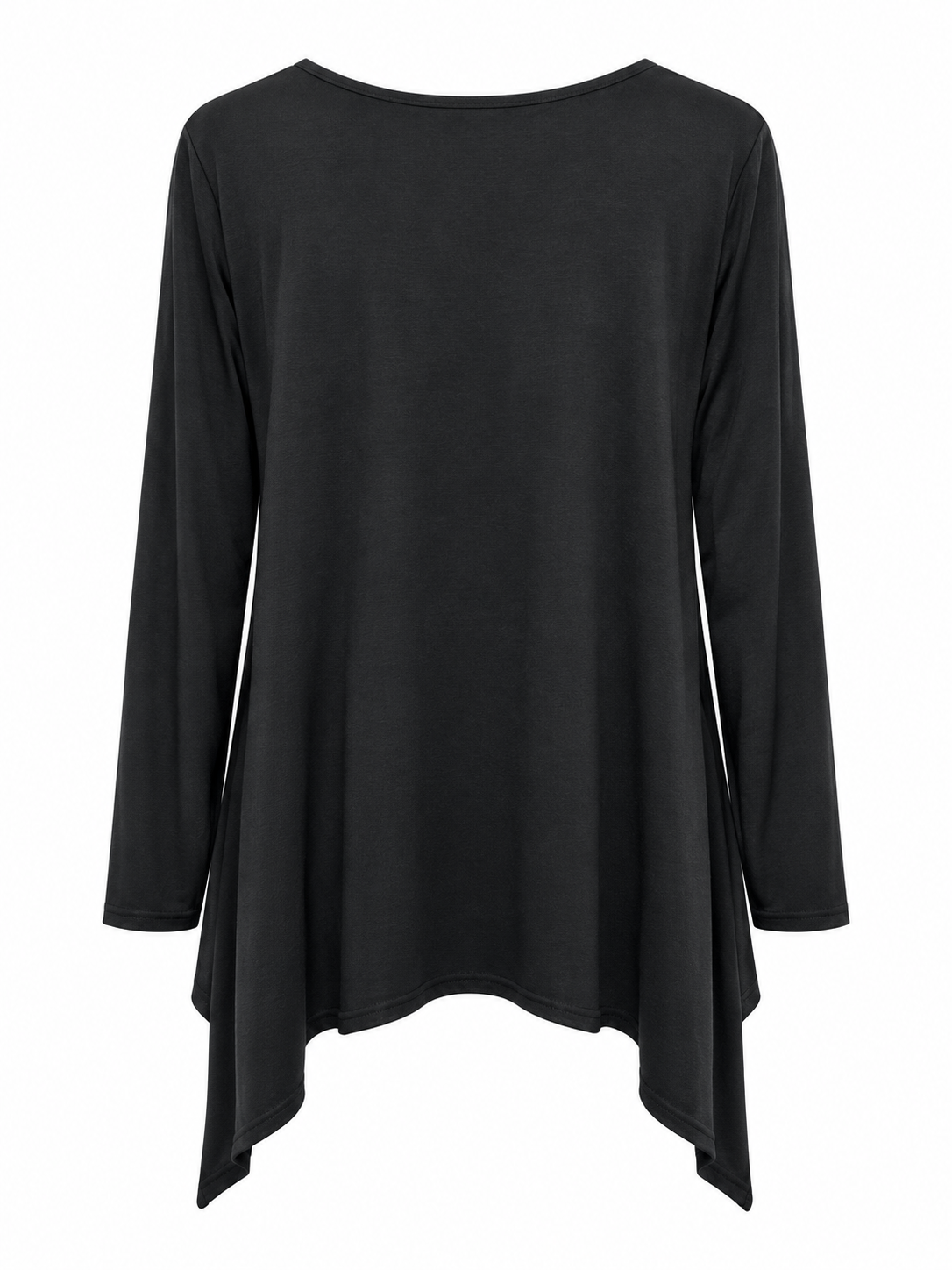 Back of Sugar Crisp plain black long-sleeve tunic with a round neckline and pointed dip-side hem