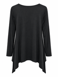 Back of Sugar Crisp plain black long-sleeve tunic with a round neckline and pointed dip-side hem