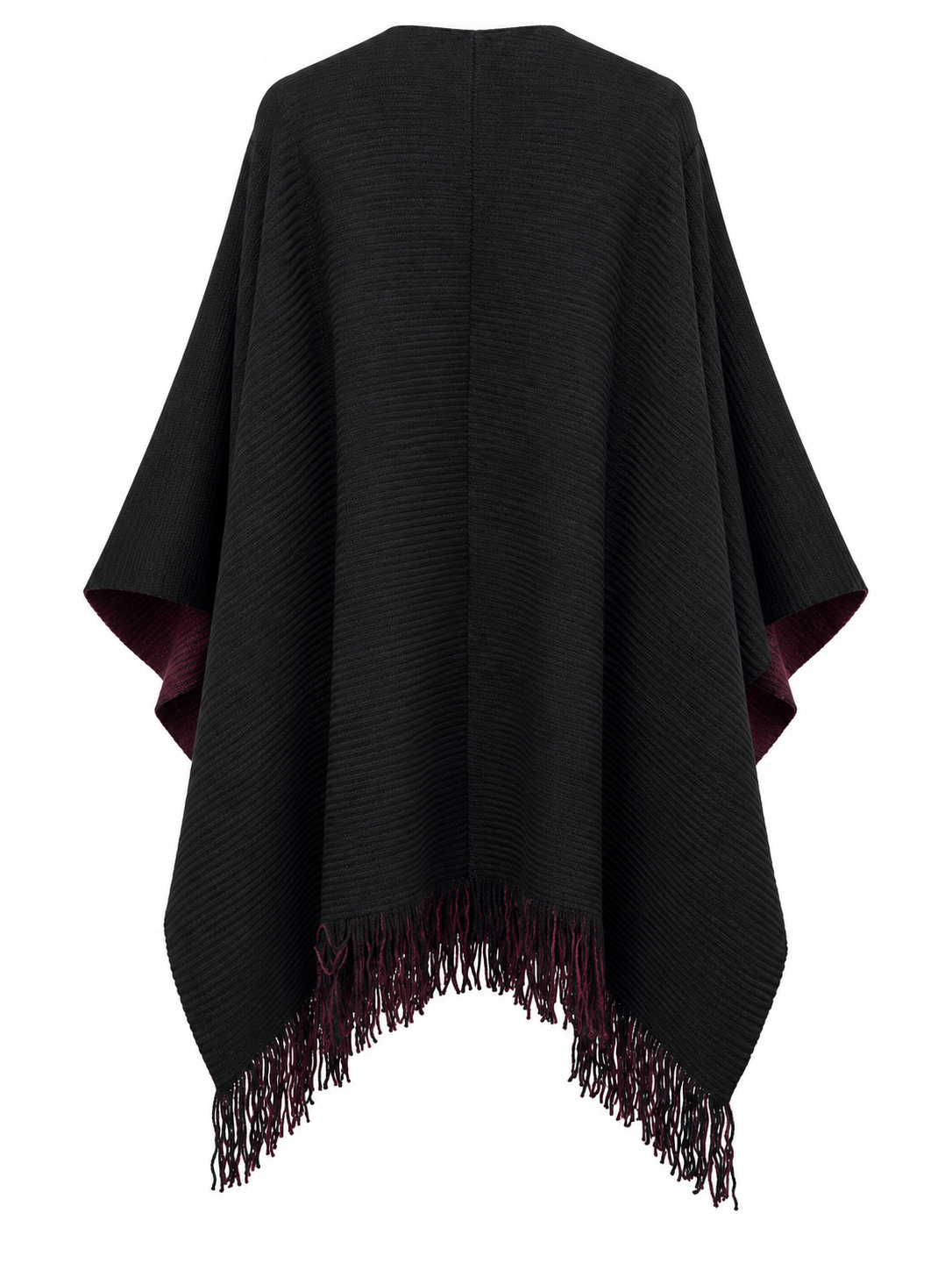 Black reverse side back view of SCLW22845A reversible knitted wrap with labels removed, WineBlack sample