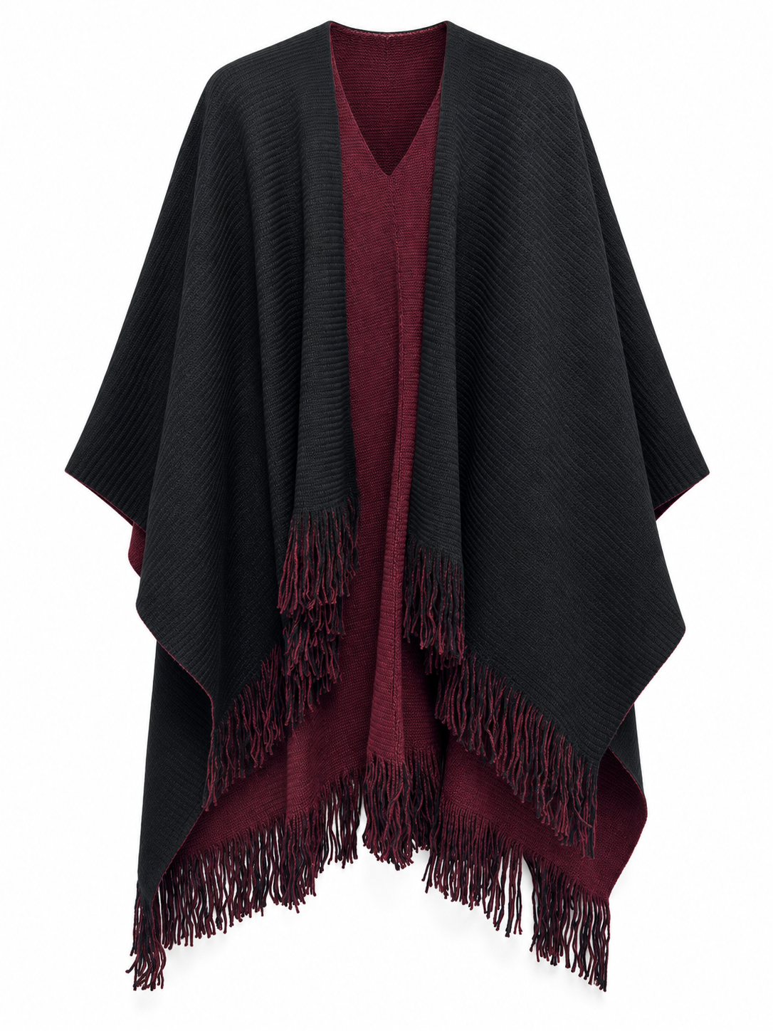 Black reverse side front view of SCLW22845A reversible knitted wrap, demonstrated on WineBlack sample