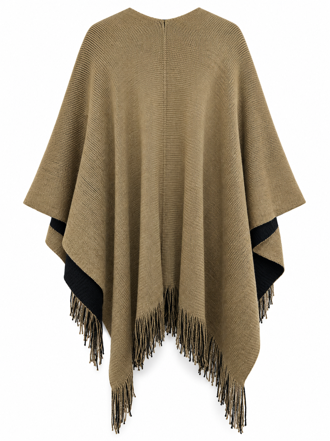 Back view of Sugar Crisp SCLW22845A camel and black reversible fringed knitted wrap