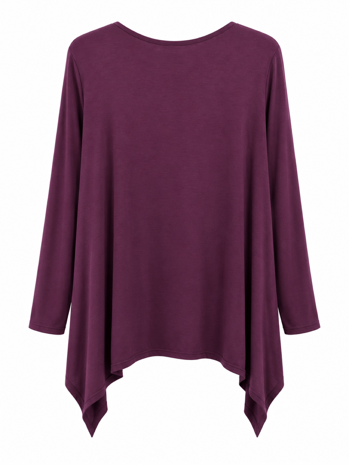Back of Sugar Crisp SC10170 plum long-sleeve tunic with plain fabric and long draped handkerchief side hems.